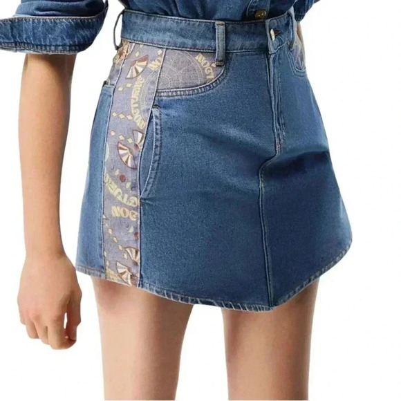 Nocturne Printed Denim Mini Skirt Blue Jean Graphic Trim NWT XS & L - Picture 1 of 6